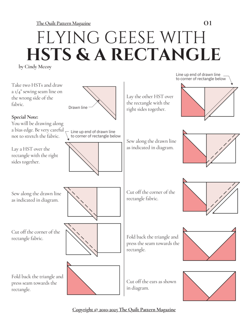 Handy print out tutorial on how to make Flying Geese with HSTs and rectangles. 