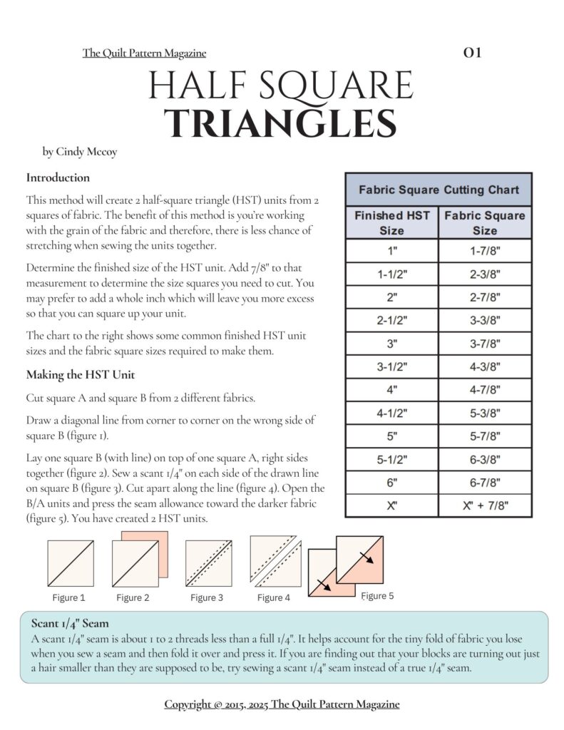 A printable guide for making HSTs from The Quilt Pattern Magazine