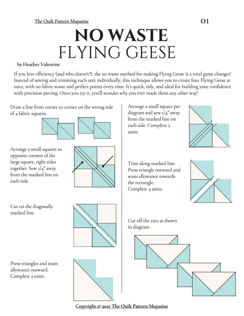 A printable guide for making No Waste Flying Geese from The Quilt Pattern Magazine